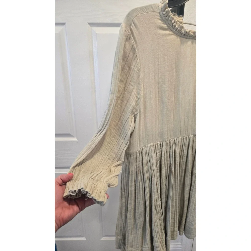 Free People Gauze Mini Dress Beige Boho Ruffle Neck Deep V Back Babydoll-M